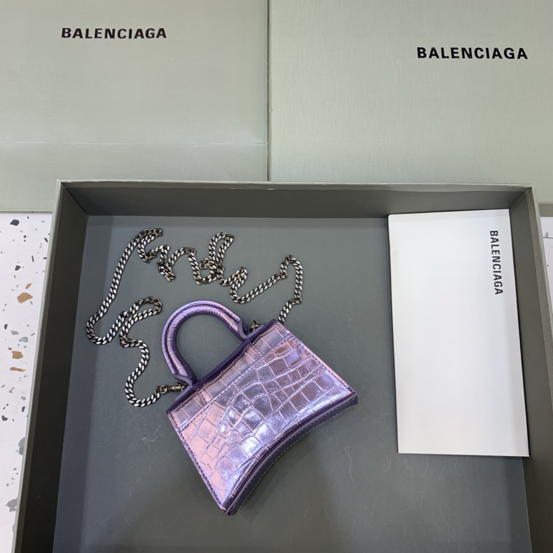 Balenciaga Hourglass Mini Handbag With Chain Crocodile Embossed Shoulder Bag Light Purple